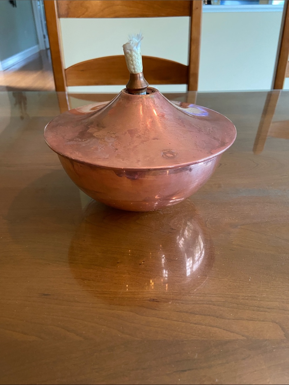Copper Oil Lamp with Flared Lid. 8.5 inches round.